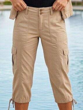 Gloria Vanderbilt 12 Light Khaki Cotton Cargo Capri Pants Drawstring Hem